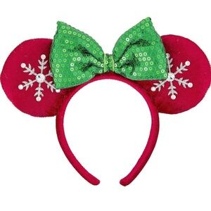 Disney Minnie Ears Headband - Holiday 2018 Red Ears Green Bow